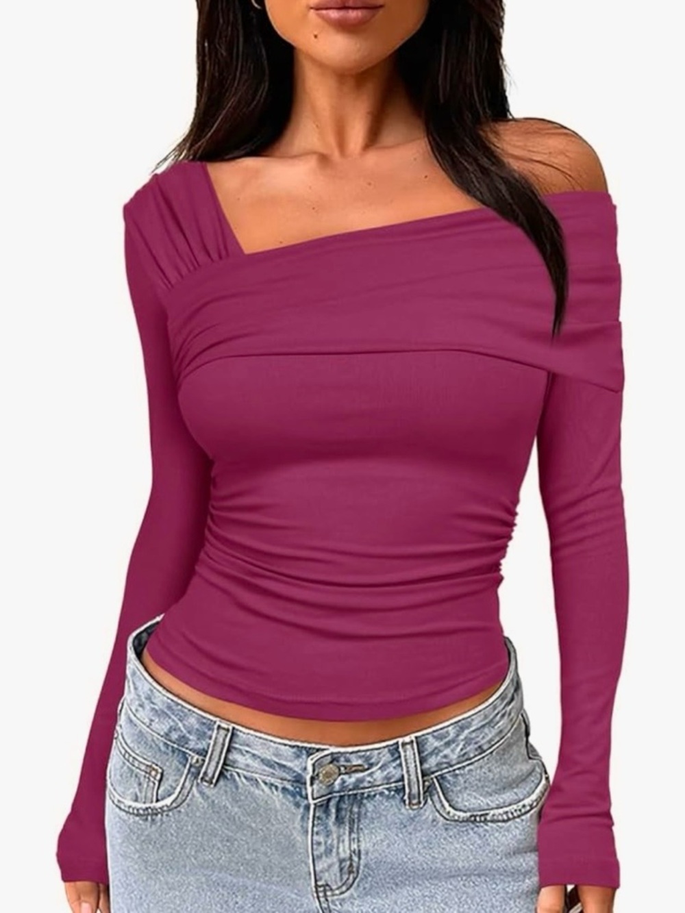 Darong Women's Off Shoulder Top Y2K Shirt Ruched Crop Top Long Sleeve Pink